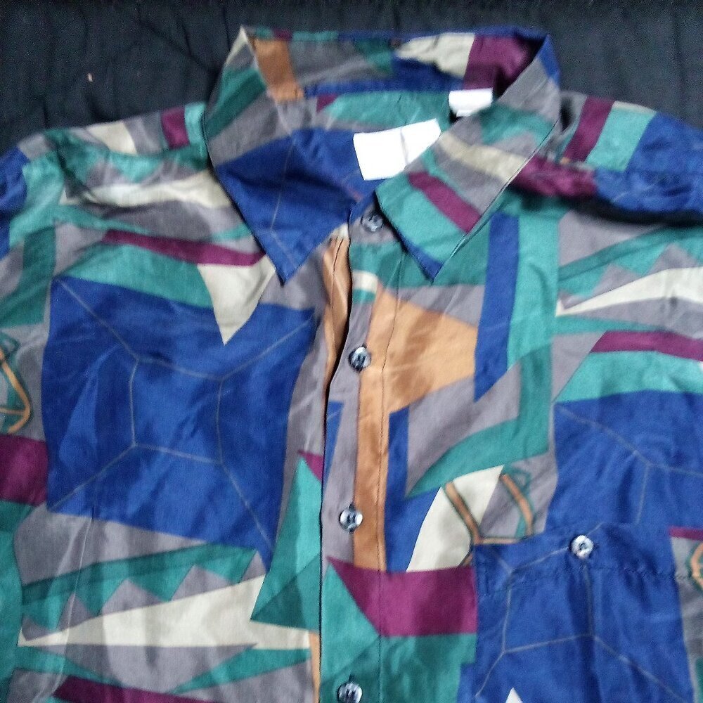 Vintage Summa Abstract Geometric Color Block Silk Shirt